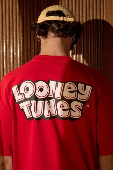 Red oversized Bugs Bunny T-shirt from Bonkers Corner featuring a cartoon print, casual fit, and bold graphic design.