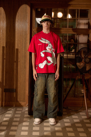 Red Bugs Bunny oversized T-shirt by Bonkers Corner, featuring a playful cartoon print on soft cotton fabric.