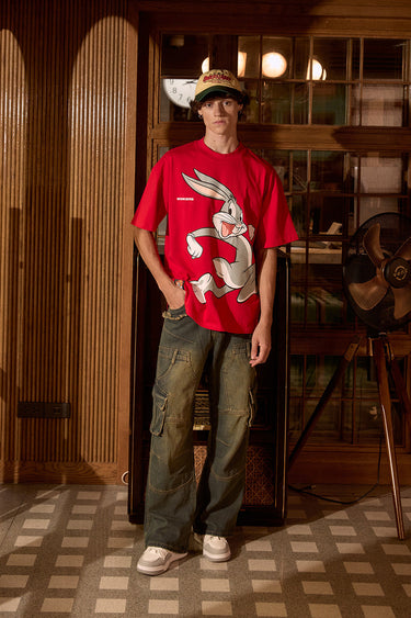 Red Bugs Bunny oversized T-shirt by Bonkers Corner, featuring a large graphic print of Bugs Bunny on the front.