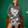 Bonkers Corner Bugs On Call oversized T-shirt featuring colorful bug illustrations on white fabric.
