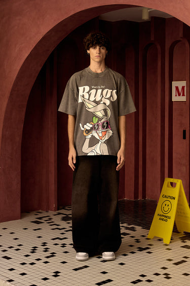 Bonkers Corner Bugs On Call oversized T-shirt in white, featuring colorful bug illustrations on a relaxed fit cotton shirt.
