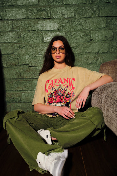 Bonkers Corner Catanic Beige oversized T-shirt, relaxed fit with short sleeves and crew neckline, casual streetwear style.
