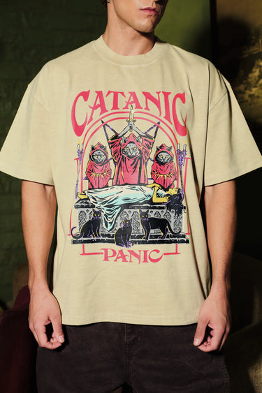 Bonkers Corner Catanic beige oversized T-shirt showing relaxed fit and soft fabric, displayed flat on a white background.