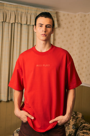 Bonkers Corner Certified Red Flag oversized T-shirt in red with bold graphic design, relaxed fit, and casual style.