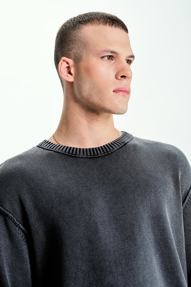 Bonkers Corner Charcoalcast crewneck sweatshirt in XS, showing a close-up of the soft fabric and classic fit.