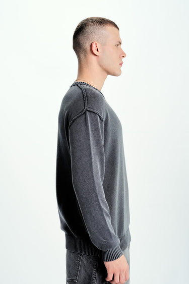 Bonkers Corner Charcoalcast crewneck sweatshirt in XS, showing a close-up of the soft fabric and classic fit.
