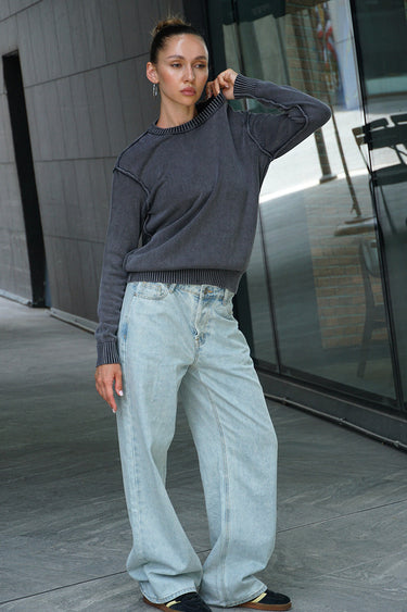 Bonkers Corner Charcoalcast crewneck sweatshirt in XS, showing a cozy, fitted design with ribbed cuffs and neckline.