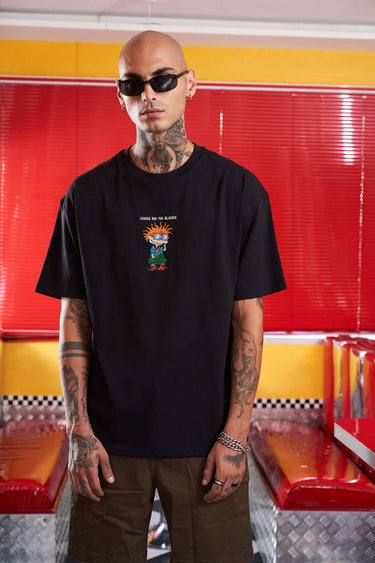 Bonkers Corner Chuckie embroidery oversized T-shirt in soft fabric, featuring a colorful Chuckie design on the front.