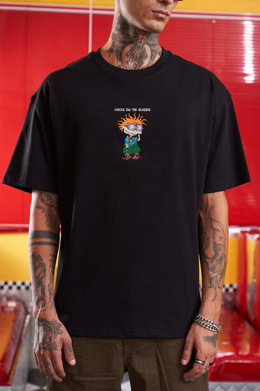 Bonkers Corner Chuckie embroidery oversized T-shirt featuring a colorful Chuckie design on soft cotton fabric.