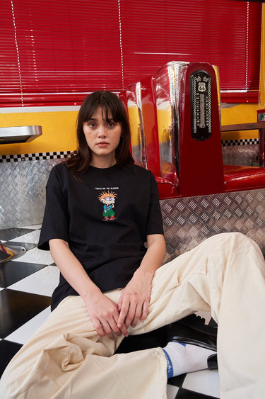 Bonkers Corner Chuckie embroidery oversized T-shirt featuring a colorful Chuckie design on soft fabric, casual streetwear style.