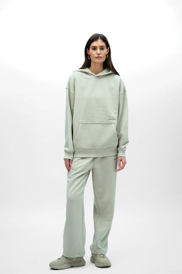 Bonkers Corner Cloudy Wear A Hug oversized hoodie in soft, cloudy gray fabric, shown on a model with a relaxed fit.