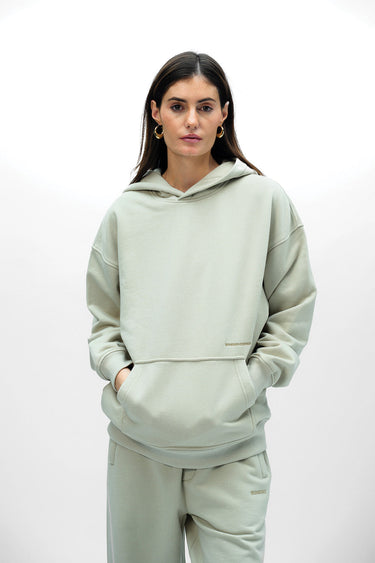 Bonkers Corner Cloudy Wear A Hug oversized hoodie in soft gray with a relaxed fit and cozy design.