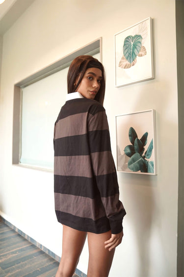 Bonkers Corner Coco striped collared full sleeves T-shirt worn by a model, featuring a casual, stylish design with full-length sleeves.