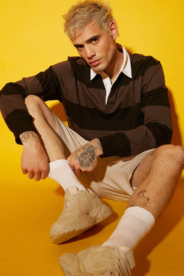 Bonkers Corner Coco striped collared full sleeves T-shirt displayed, featuring a stylish pattern and comfortable fit.