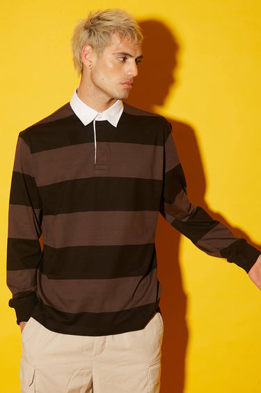 Bonkers Corner Coco striped collared T-shirt with full sleeves, featuring a casual design and comfortable fit.