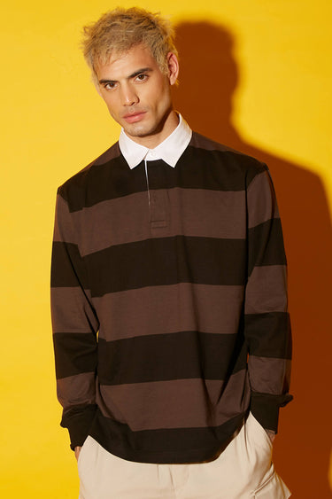 Bonkers Corner Coco striped collared full sleeves T-shirt displayed on a model, featuring a casual style and vibrant pattern.