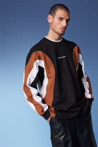 Bonkers Corner colourblock cut & sew crewneck sweatshirt in XS, featuring bold colorblock design and comfortable fit.