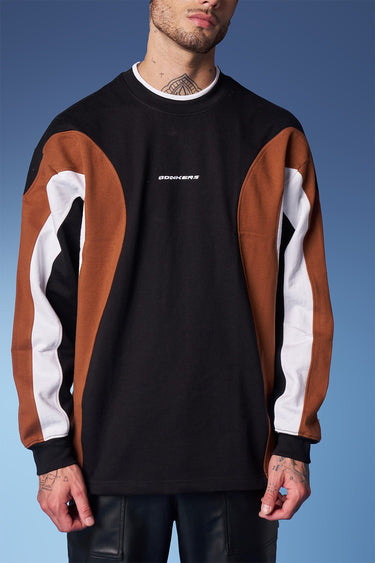 Light grey and black colourblock Bonkers Corner cut and sew crewneck sweatshirt with long sleeves and ribbed cuffs.