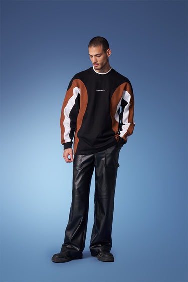 Bonkers Corner colourblock cut & sew crewneck sweatshirt in XS, featuring bold color blocking and comfortable fit.