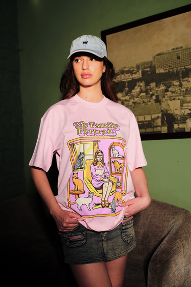 Bonkers Corner Crazy Cat Fam oversized T-shirt featuring a colorful cat-themed graphic on soft fabric.