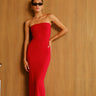 Bonkers Corner crimson heat tube dress on a model, fitted style, sleeveless, and knee-length with a sleek, vibrant red design.