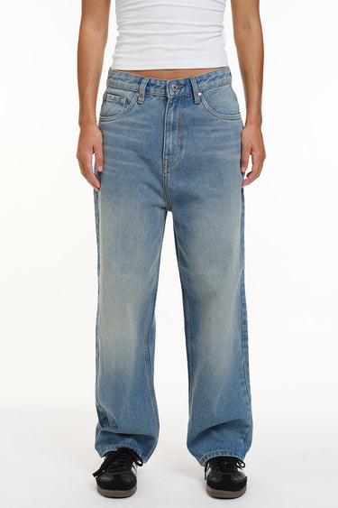 Crisp blue wide-leg jeans by Bonkers Corner, featuring a relaxed fit and classic denim texture, styled with pockets and belt loops.