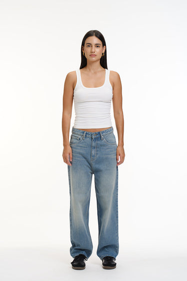 Crisp blue wide-leg jeans by Bonkers Corner featuring a relaxed fit and classic denim style.