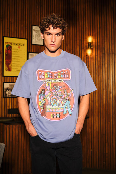 Bonkers Corner Death Metal oversized T-shirt featuring dark graphic design and bold lettering on black fabric.