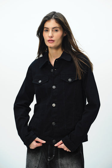 Bonkers Corner denim jacket in light blue with button closure and classic collar, displayed on a mannequin.