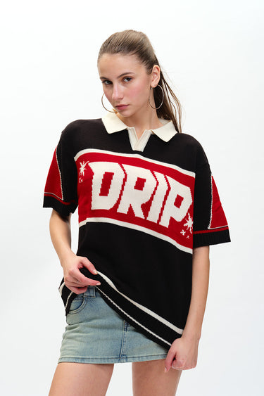 Bonkers Corner drip knit polo shirt in size XS, featuring a textured knit fabric and classic polo collar.