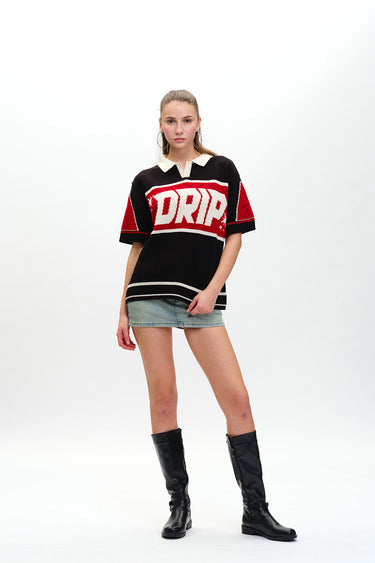 Bonkers Corner drip knit polo shirt in XS with a casual fit and textured knit fabric, shown on a plain background.