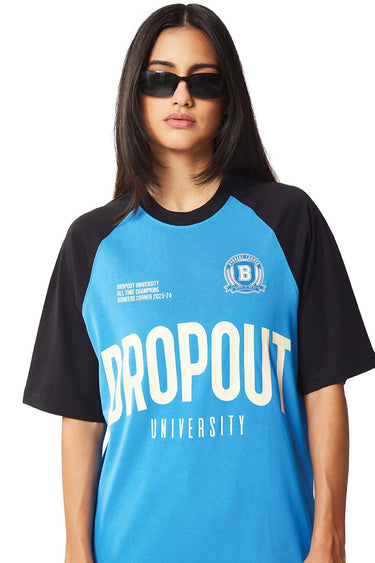 Bonkers Corner Dropout University oversized T-shirt in white with university logo front, casual streetwear style.