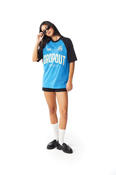 Bonkers Corner Dropout University oversized T-shirt in white with logo print, relaxed fit, casual streetwear style.