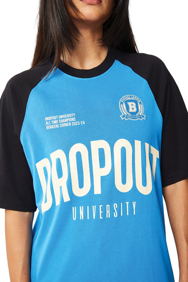 Bonkers Corner Dropout University oversized T-shirt in XS, featuring a casual fit and university-themed graphic design.