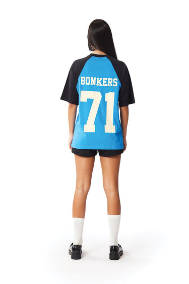 Bonkers Corner Dropout University oversized T-shirt in XS with university logo and casual fit, front view.