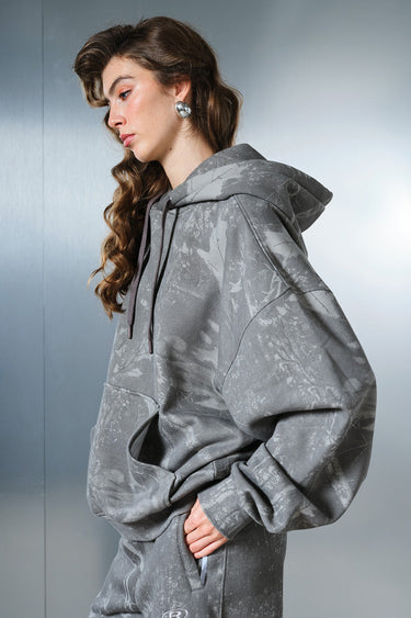 Bonkers Corner faded grey hoodie, casual fit with soft fabric, showing front view with hood and drawstrings.