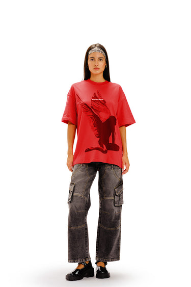 Bonkers Corner Fallen Angel oversized T-shirt in XS with angel graphic and relaxed fit, black fabric, front view.