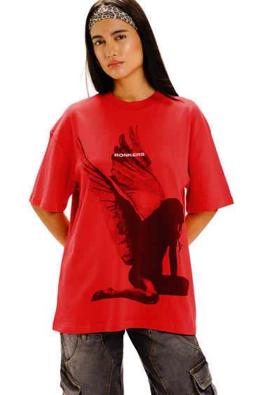 Bonkers Corner oversized Fallen Angel T-shirt featuring a graphic print on the front, casual fit, and soft fabric.
