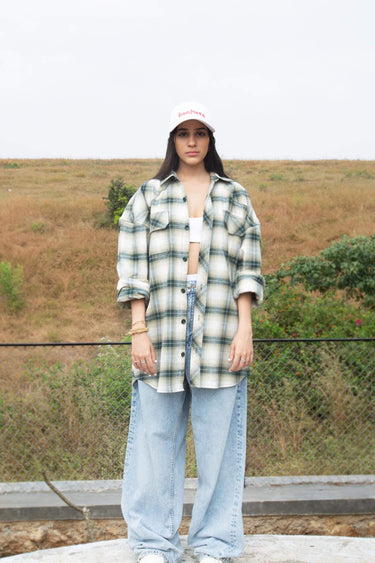 Green plaid flannel oversized shirt by Bonkers Corner, featuring a soft fabric and classic pattern, perfect for casual wear.