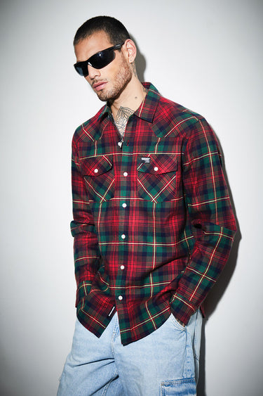 Green and red plaid regular fit shirt by Bonkers Corner, shown on a mannequin with long sleeves and classic collar.