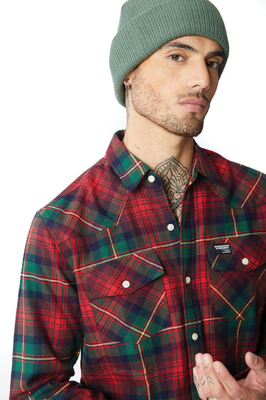 Green-red plaid regular fit shirt by Bonkers Corner, showing front view with collar and button-down style.