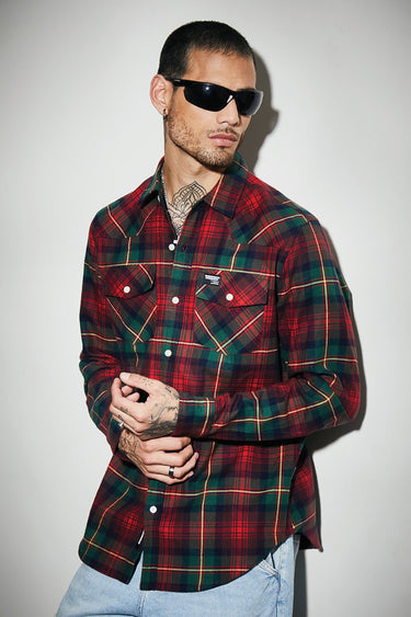 Green-red plaid regular fit shirt from Bonkers Corner, showing the classic pattern and button-down collar.