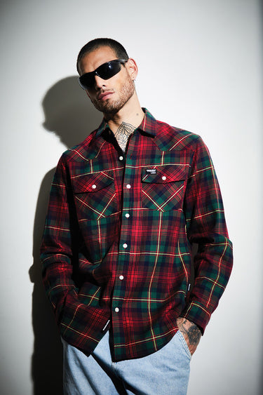 Green and red plaid regular fit shirt by Bonkers Corner, showing a close-up of the shirt's pattern and collar detail.