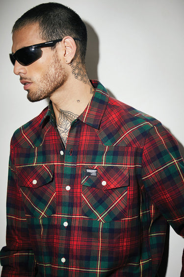 Green-red plaid regular fit shirt by Bonkers Corner, shown with collar, button front, and long sleeves.