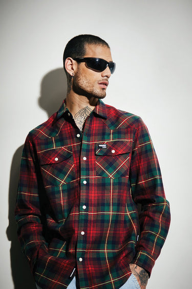 Green and red plaid regular fit shirt by Bonkers Corner, shown in a close-up image highlighting the fabric pattern and collar details.