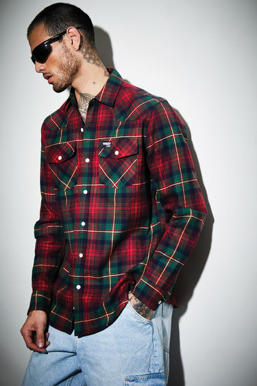 Green and red plaid regular fit shirt from Bonkers Corner, shown on a hanger with visible collar and button details.