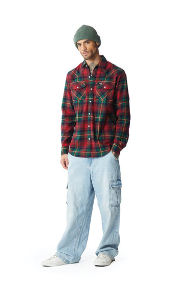 Green and red plaid regular fit shirt by Bonkers Corner, shown with collar, buttons, and long sleeves.