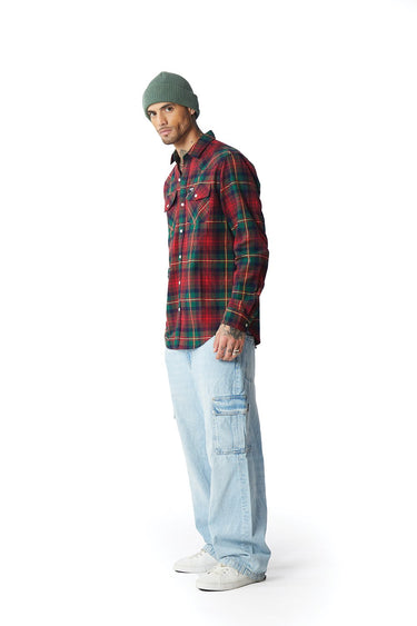Green and red plaid regular fit shirt by Bonkers Corner, shown in a casual style with long sleeves and button front.