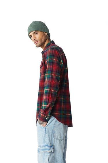 Green and red plaid Bonkers Corner regular fit shirt, showing the front with collar and button details.