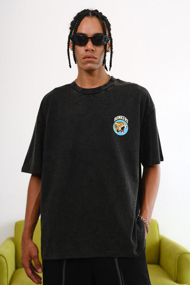 Grey oversized Diabolik Panther T-shirt by Bonkers Corner featuring a bold graphic design on the front.